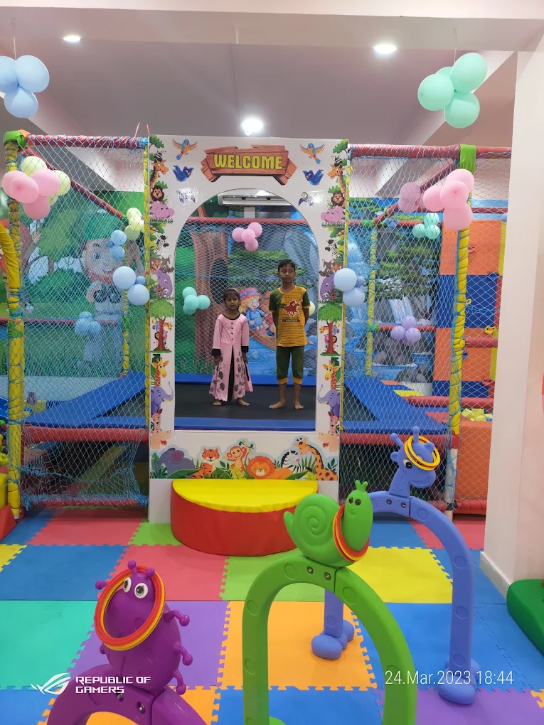 Trampoline zone with safety netting and cartoon decor